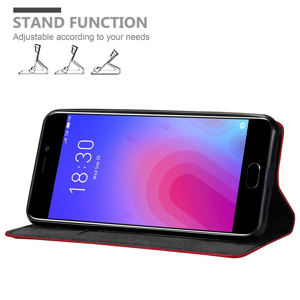 Smartphone in una custodia, puntellato in funzione stand. Lo schermo mostra un'immagine.