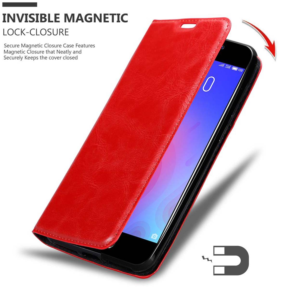 Una custodia rossa per telefono è aperta, rivelando un telefono. Testo: 'INVISIBLE MAGNETIC LOCK-CLOSURE' con icona del magnete.