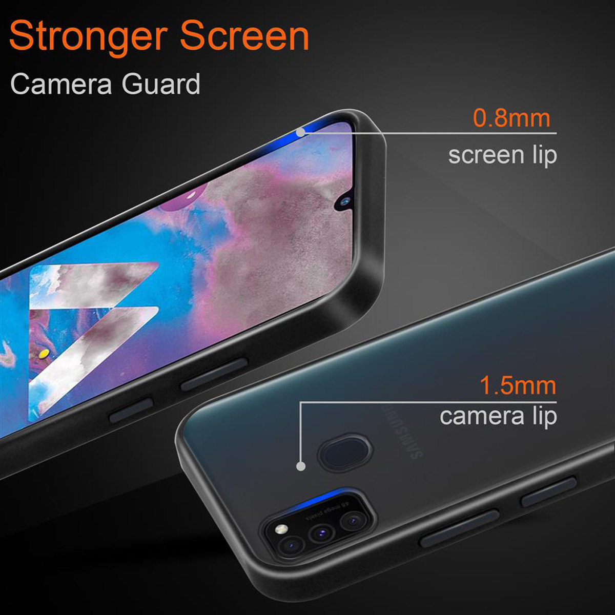 Custodia per telefono con cornice nera. Le etichette indicano il bordo dello schermo da 0,8 mm e il bordo della fotocamera da 1,5 mm.
