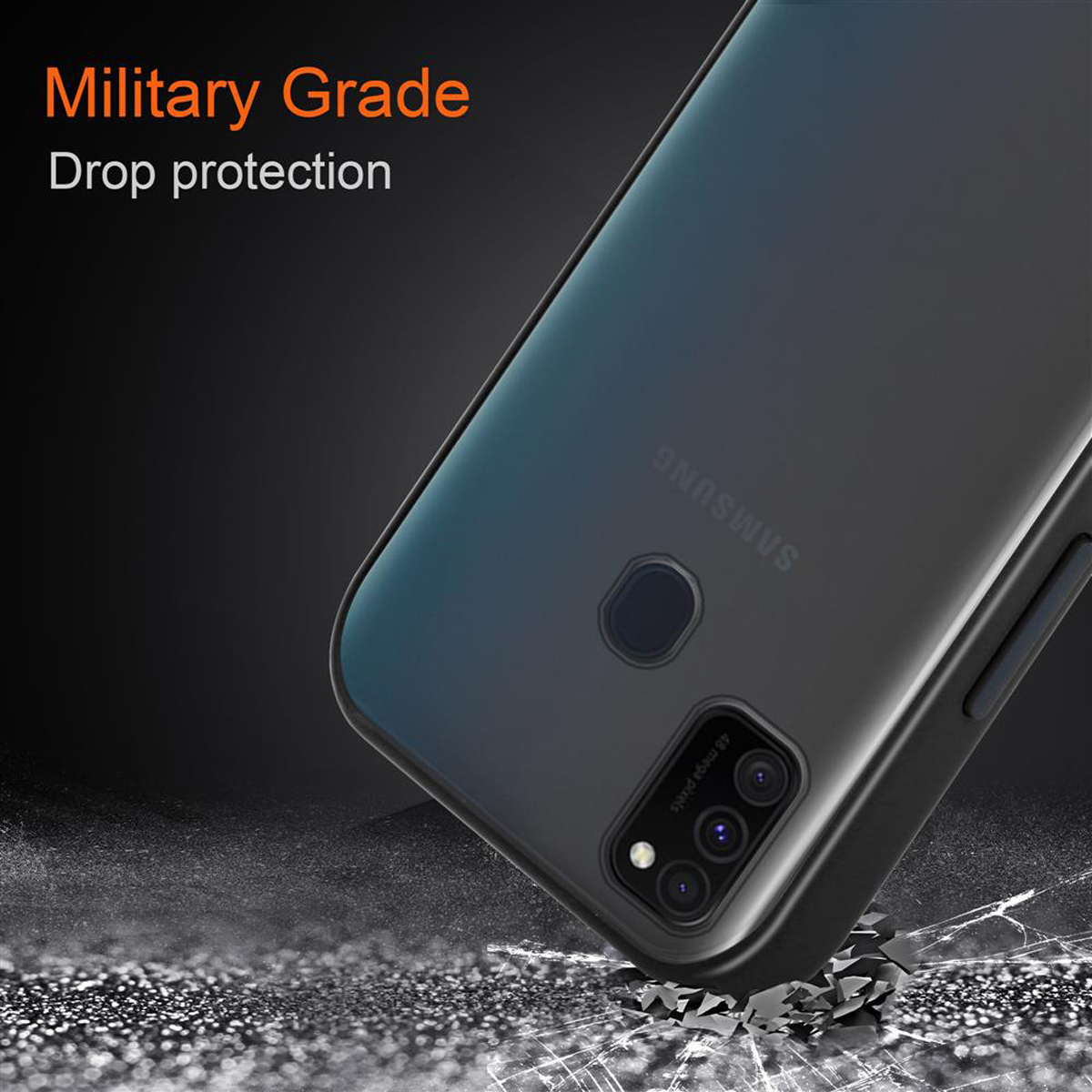 Custodia nera per telefono con telefono all'interno. Grado militare per protezione da cadute, con danni.