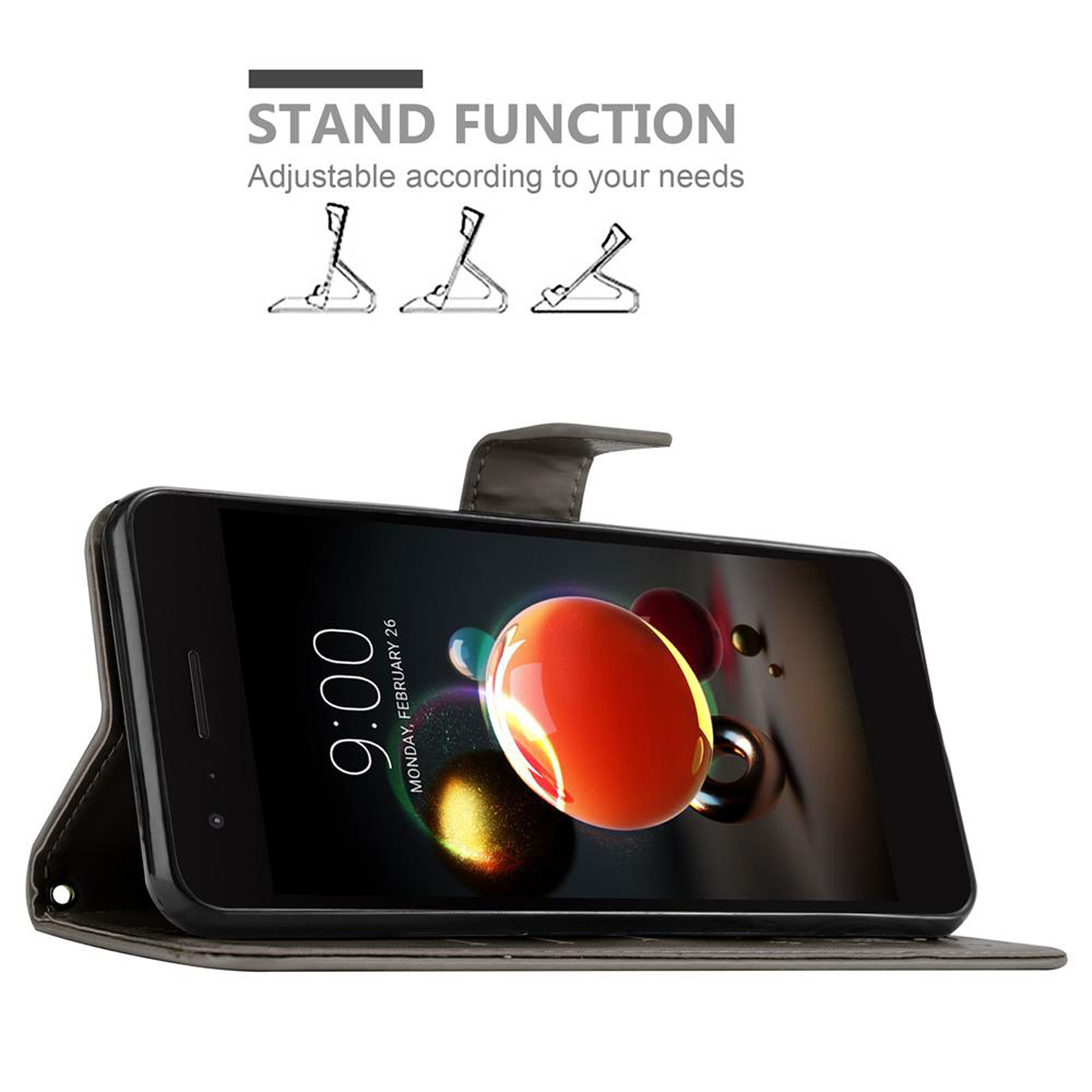 Telefono in una custodia con funzione stand. Il telefono mostra l'ora e un'immagine colorata.