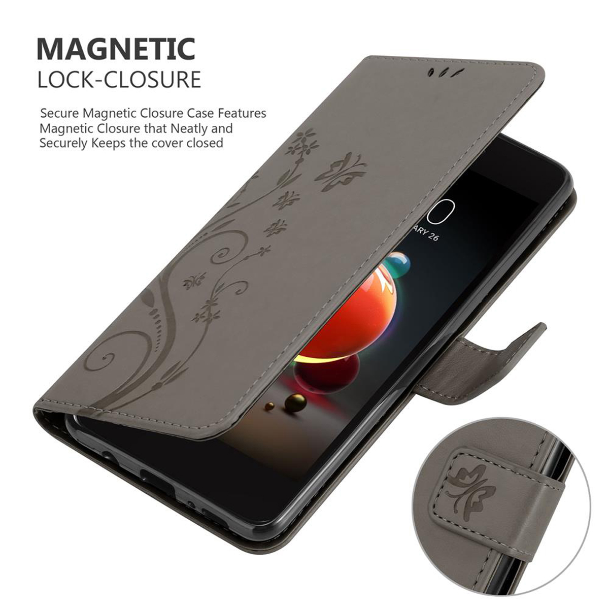 Un telefono in una custodia grigia, la custodia è aperta e lo schermo del telefono è visibile.