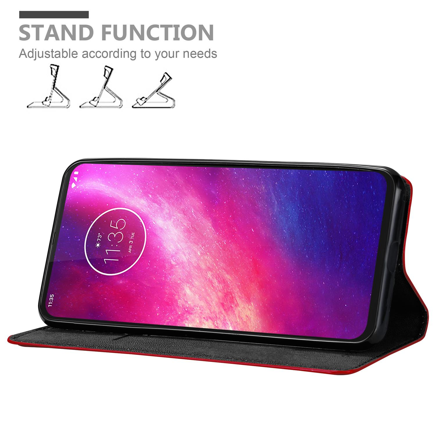 Handyhülle mit Telefon, Zeit wird angezeigt. Rotes und schwarzes Gehäuse, weißer Hintergrund.