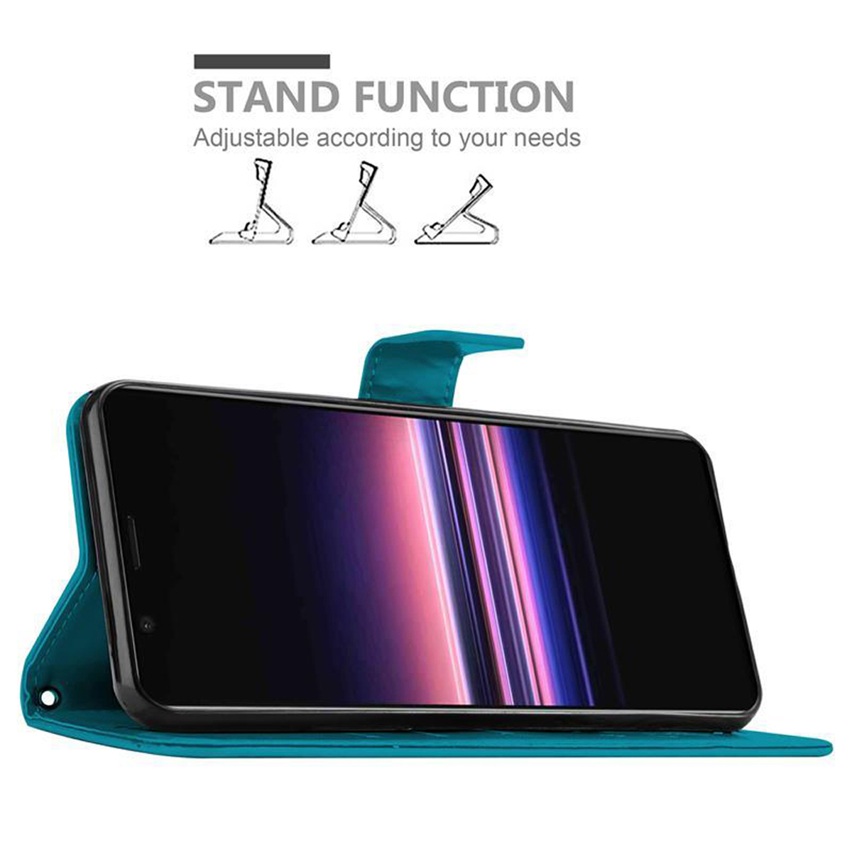Custodia per telefono con funzione stand, mostrando telefono e opzioni stand.