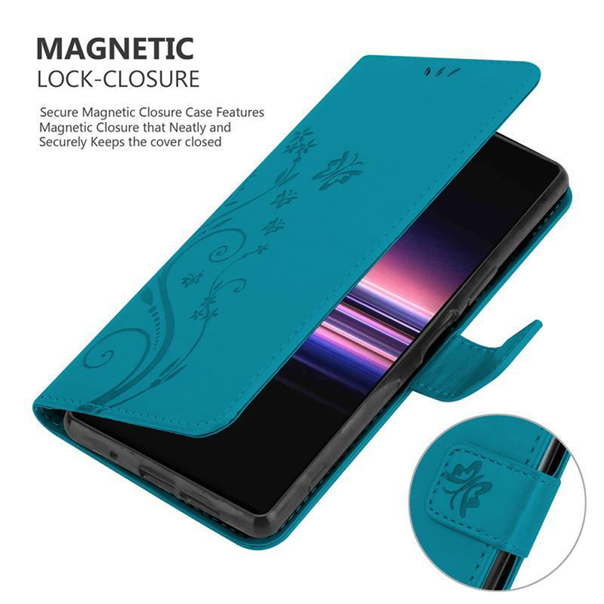 Custodia per telefono verde acqua con design floreale sulla cover. Telefono all'interno visibile, chiusura magnetica.