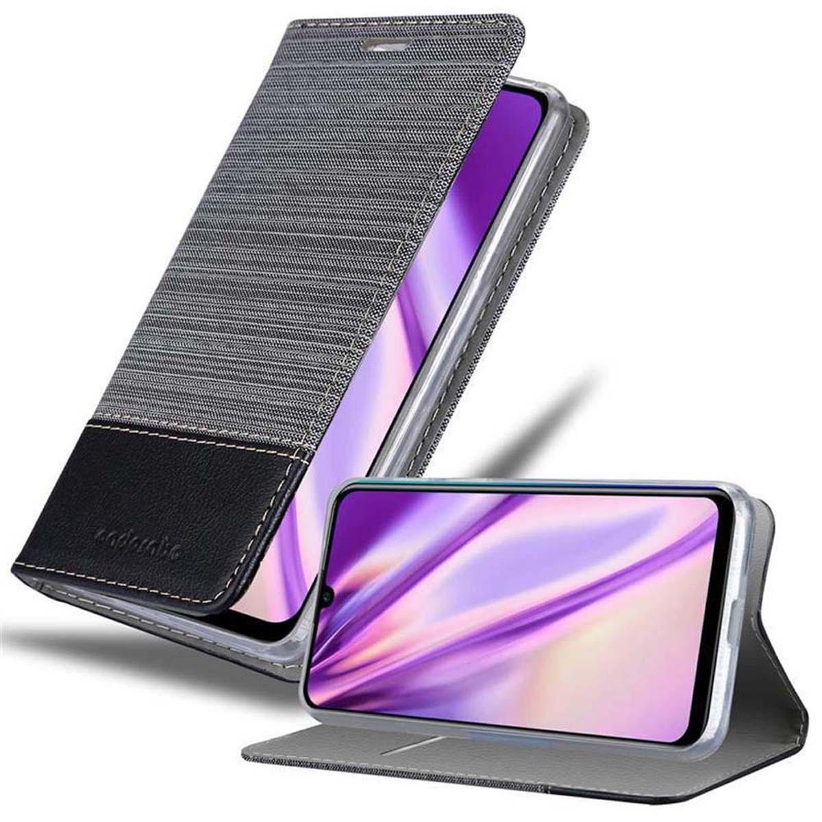 Custodia grigia per telefono con telefono all'interno. Presenta una copertura grigia e un dettaglio in pelle nera.