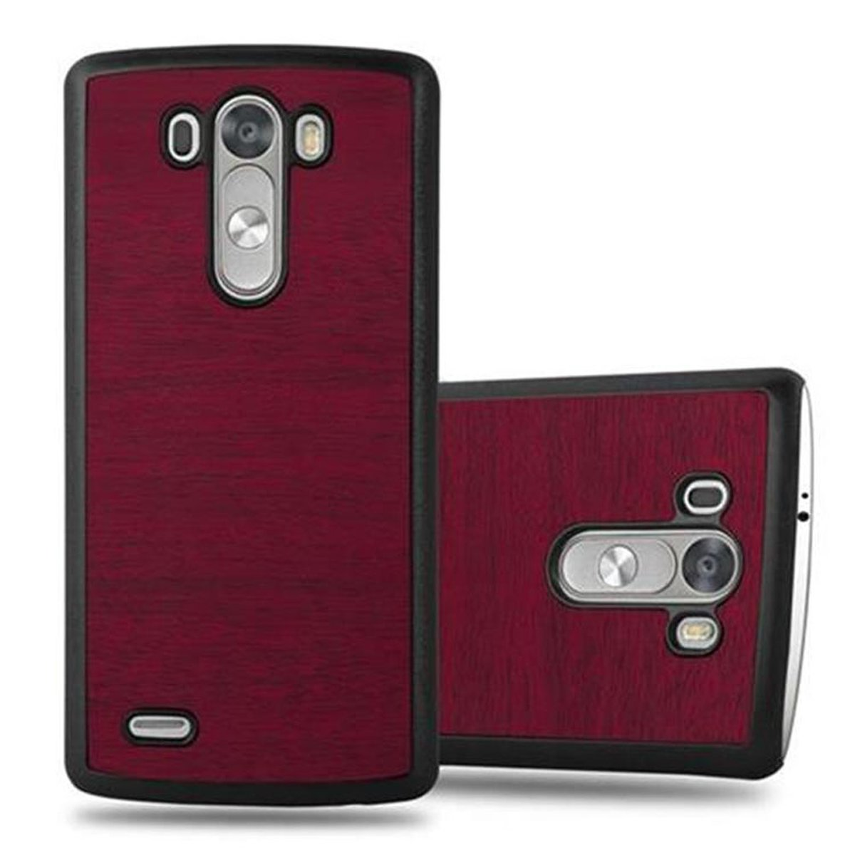 Funda de teléfono roja con diseño de vetas de madera. Teléfono en la parte trasera. Otro teléfono delante.