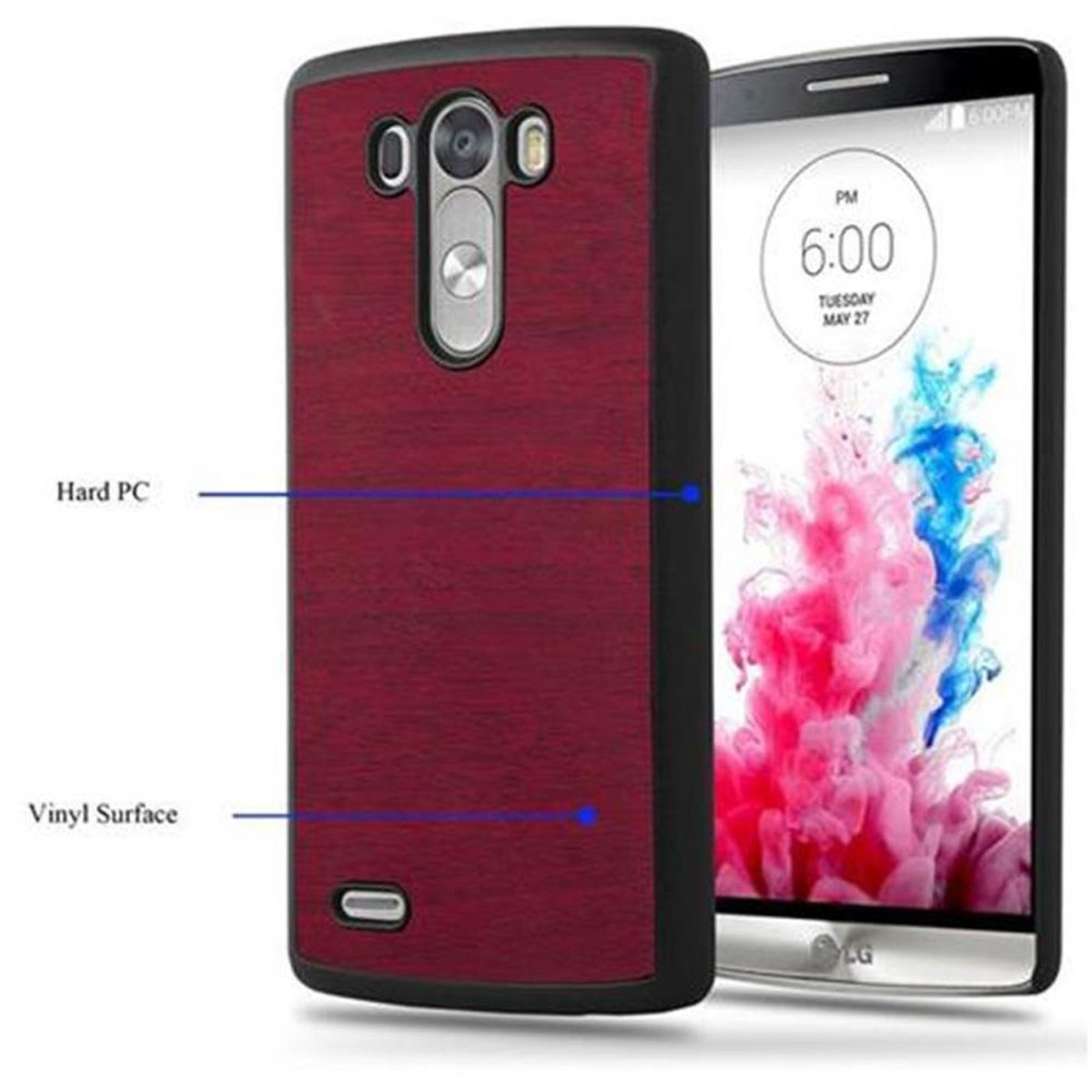 Teléfono en funda de grano de madera roja, junto al teléfono. Funda con Hard PC y Vinyl Surface.