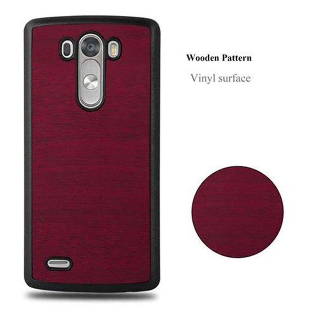 Funda de teléfono rojo oscuro, patrón de madera, superficie de vinilo. Marco negro alrededor de la funda. Fondo blanco.