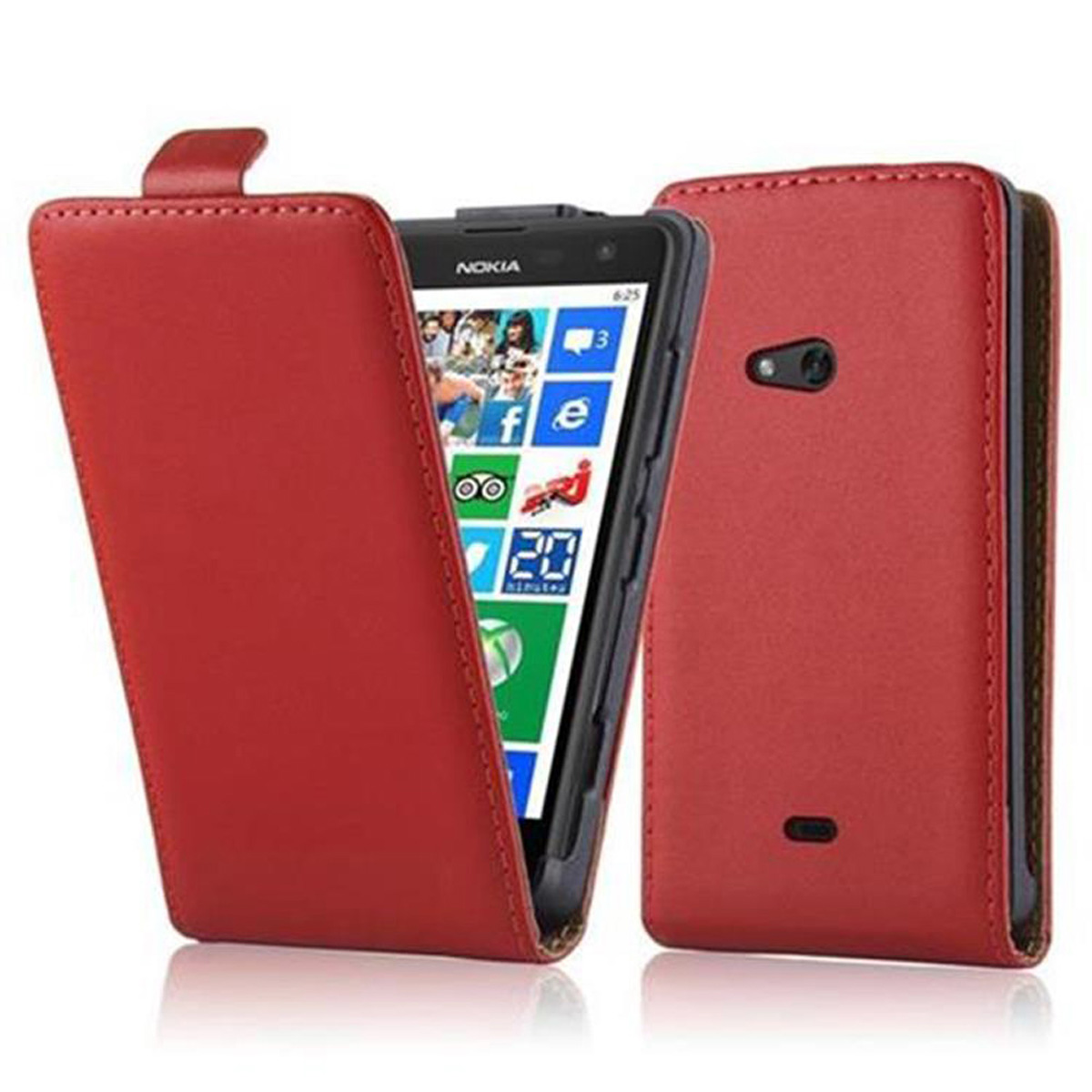 Custodia rossa con telefono Nokia. La custodia è aperta. Il telefono mostra app.