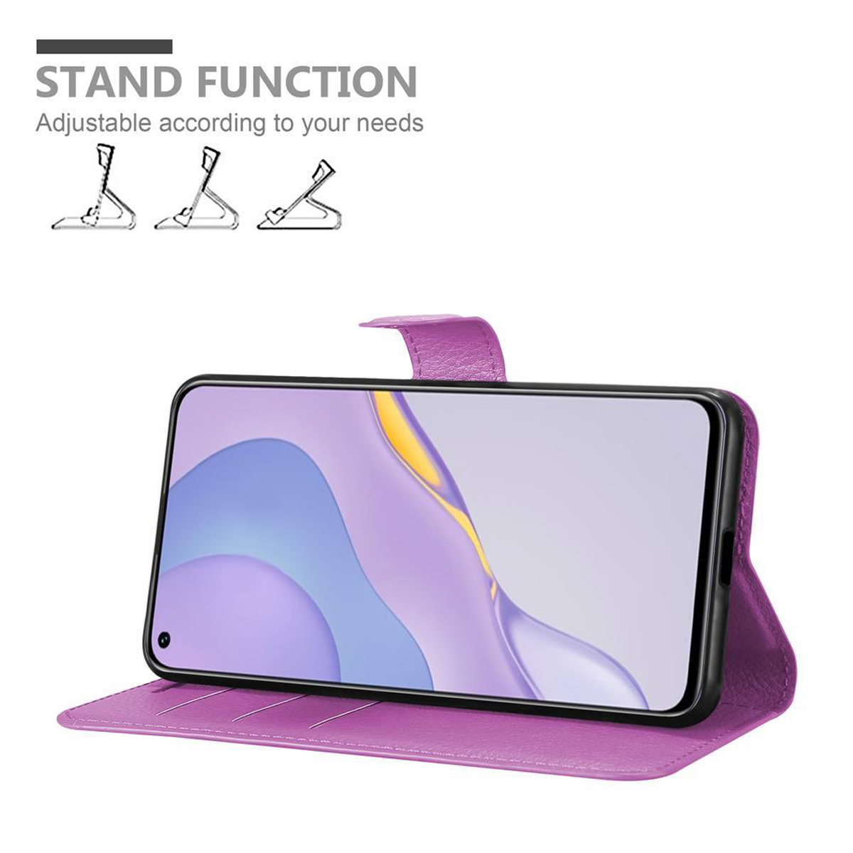 Custodia viola aperta, telefono sollevato. Funzione stand, opzioni regolabili.