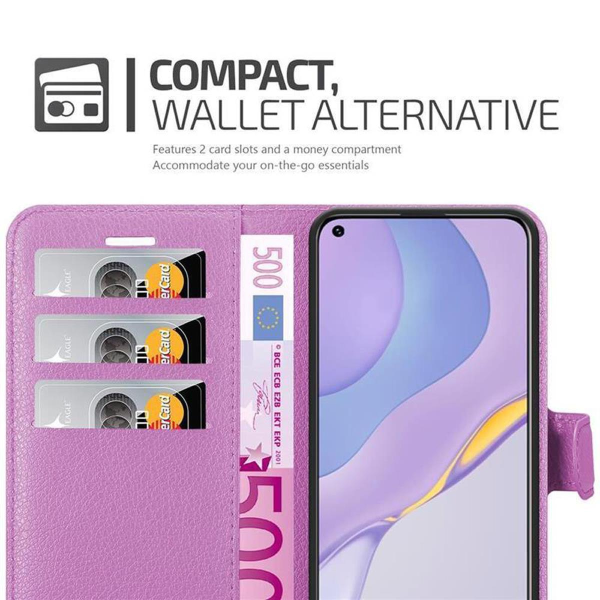 Custodia rosa con fessure per carte di credito e banconota, telefono dentro.