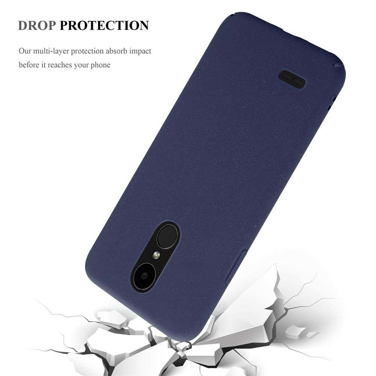 Custodia blu per telefono con telefono all'interno. La custodia è su una superficie con crepe.