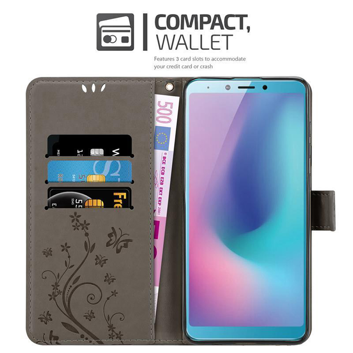 Custodia per telefono aperta con telefono, denaro e carte. Custodia grigia con design floreale. Portafoglio compatto.