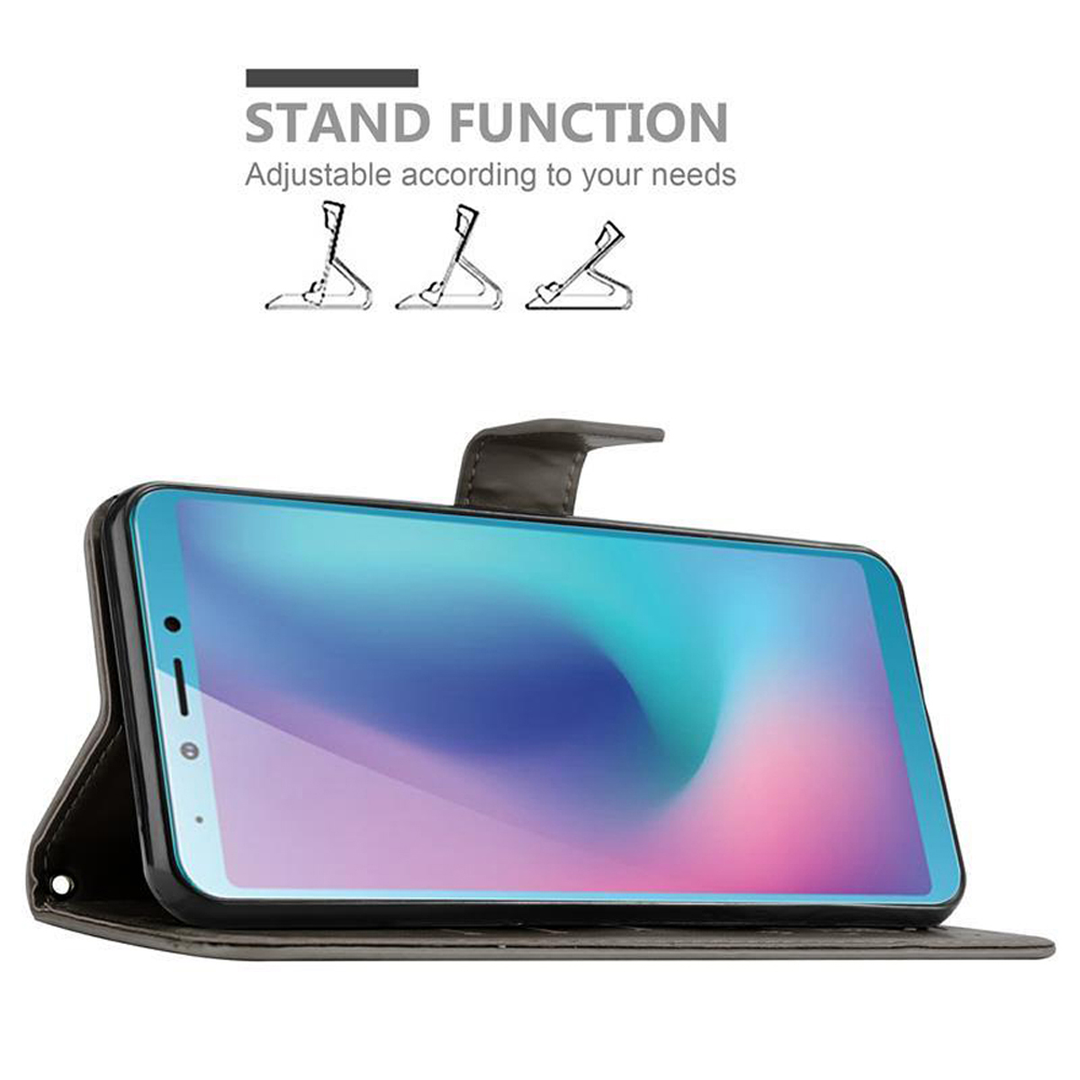 Telefono in una custodia con supporto. Il telefono mostra uno schermo blu e viola. La custodia è nera.