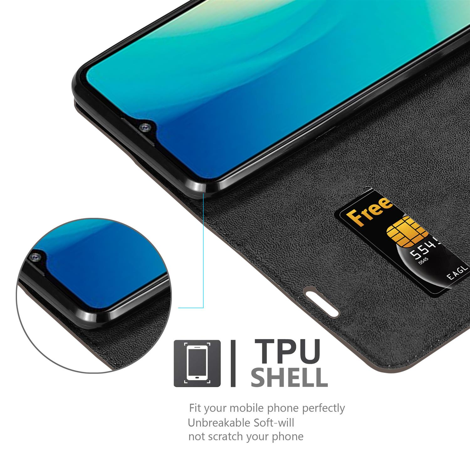 Un telefono nero in una custodia nera con una SIM card, con testo TPU SHELL.