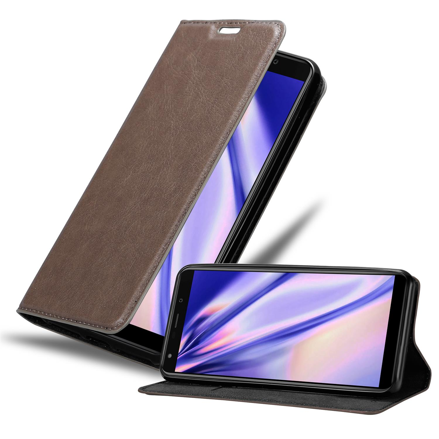 Dos teléfonos con fundas de cuero marrón. Una funda está abierta.