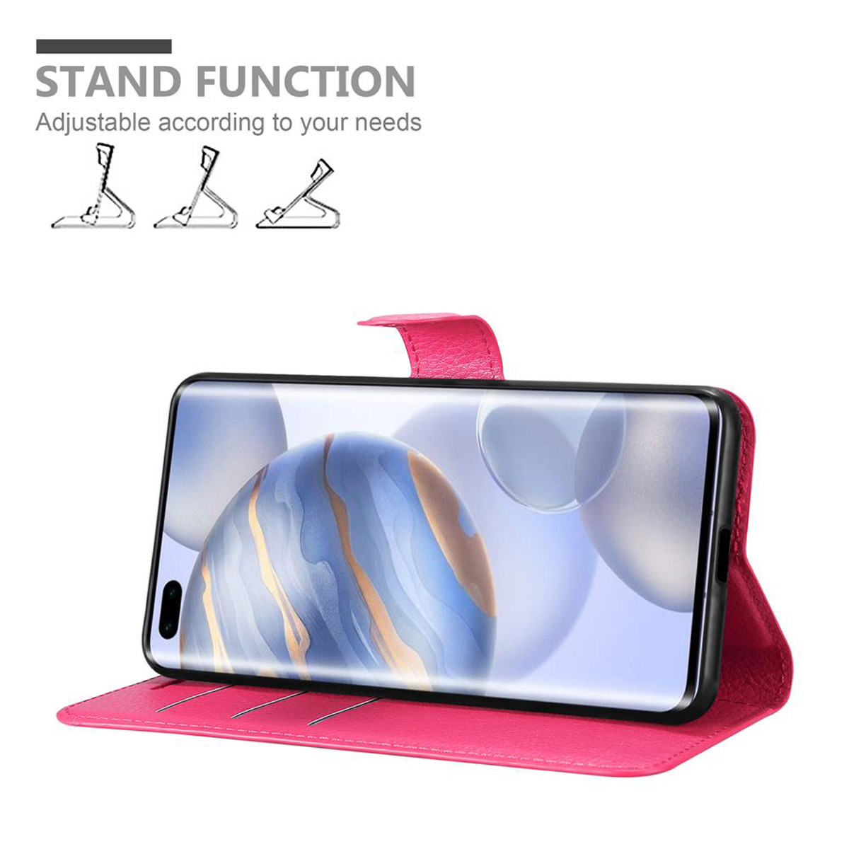 Telefono in una custodia rosa. Sono mostrate la funzione supporto e i diagrammi.