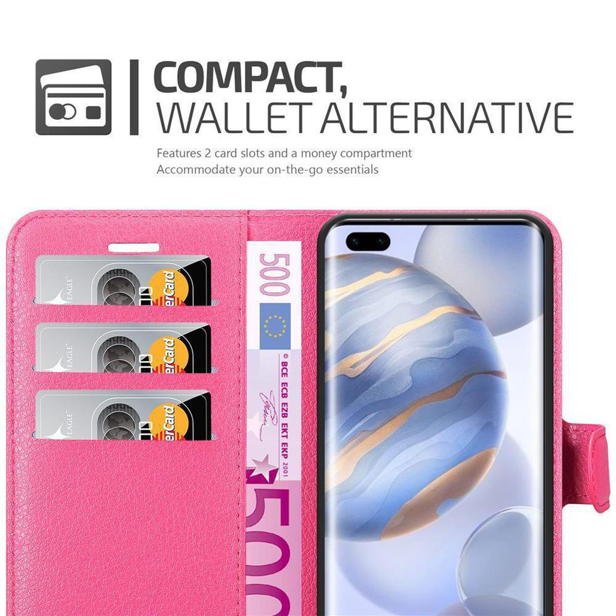 Custodia a portafoglio rosa con tre slot per carte e scomparto per denaro, che mostra un telefono.