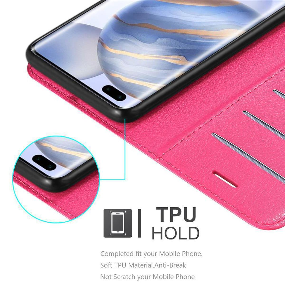Custodia per telefono rosa, aperta, che mostra un telefono. Funzione supporto TPU evidenziata. Interno rosa.