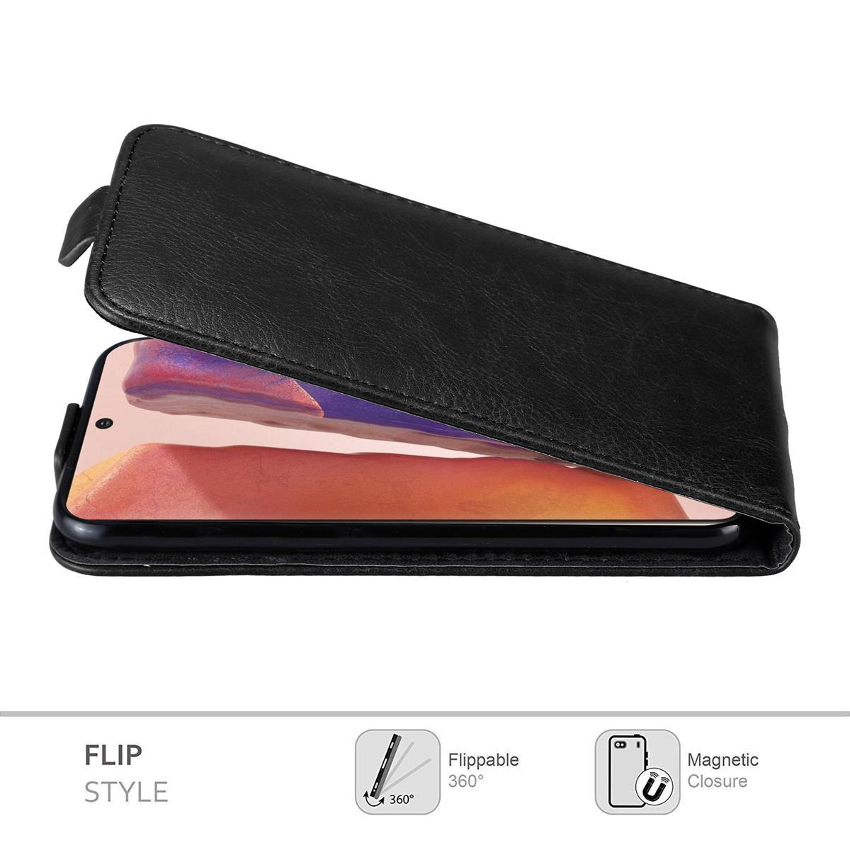 Schwarze Handyhülle mit einem Telefon darin. Die Hülle lässt sich aufklappen. Der Text auf dem Bild lautet 'Flip-Stil'.