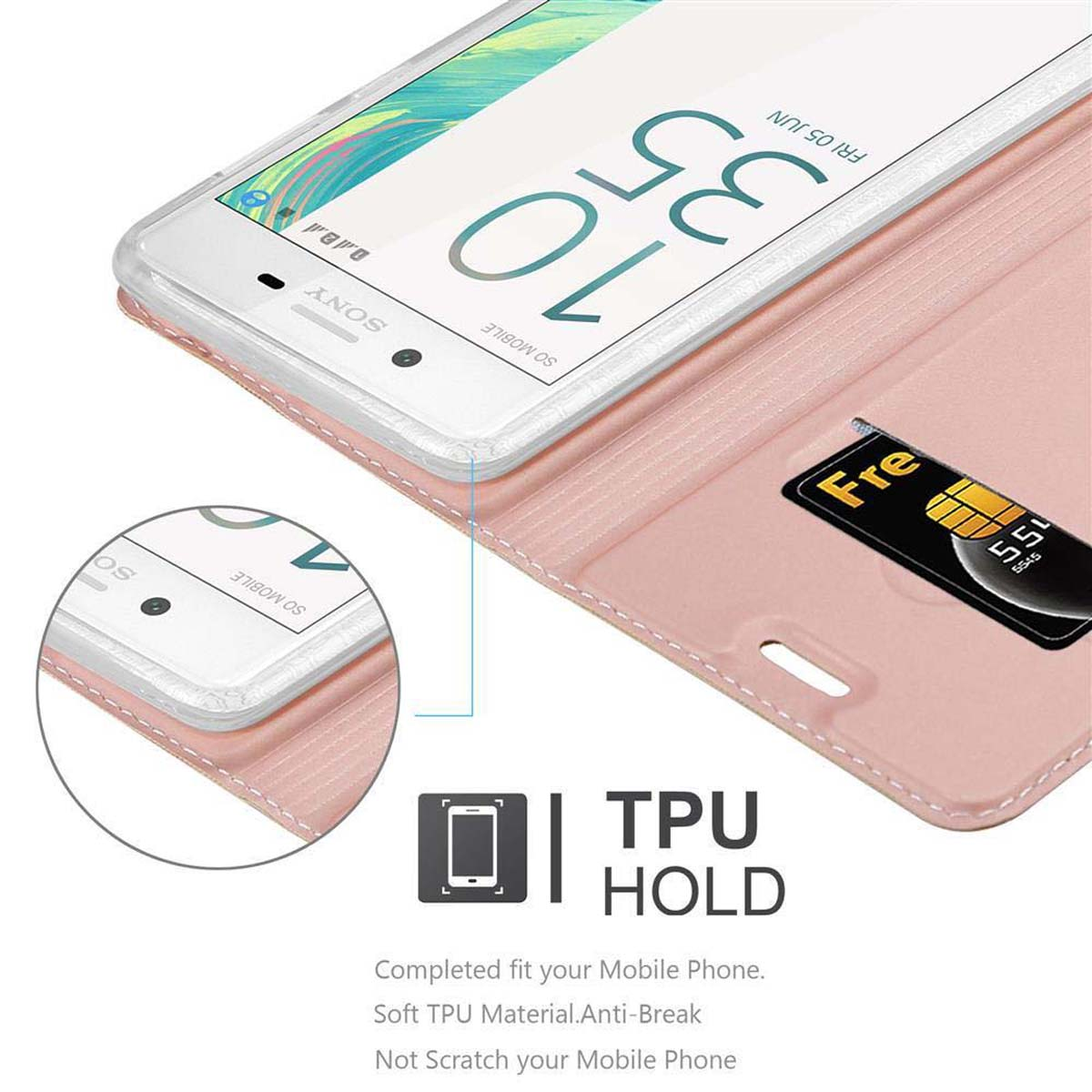 Geöffnete Handyhülle mit Telefon und Karte. Telefon zeigt Uhrzeit. Rosa Hülle.