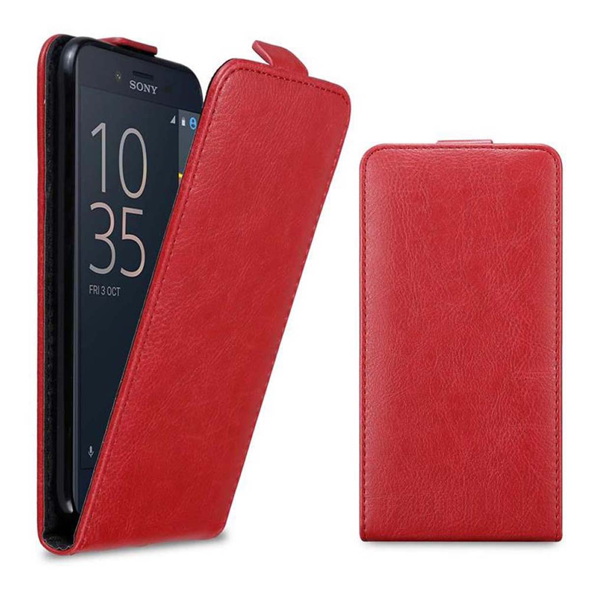 Rotes Handycase, offen. Telefon innen. Text: Sony, 10:35. Fr. 3. Okt.