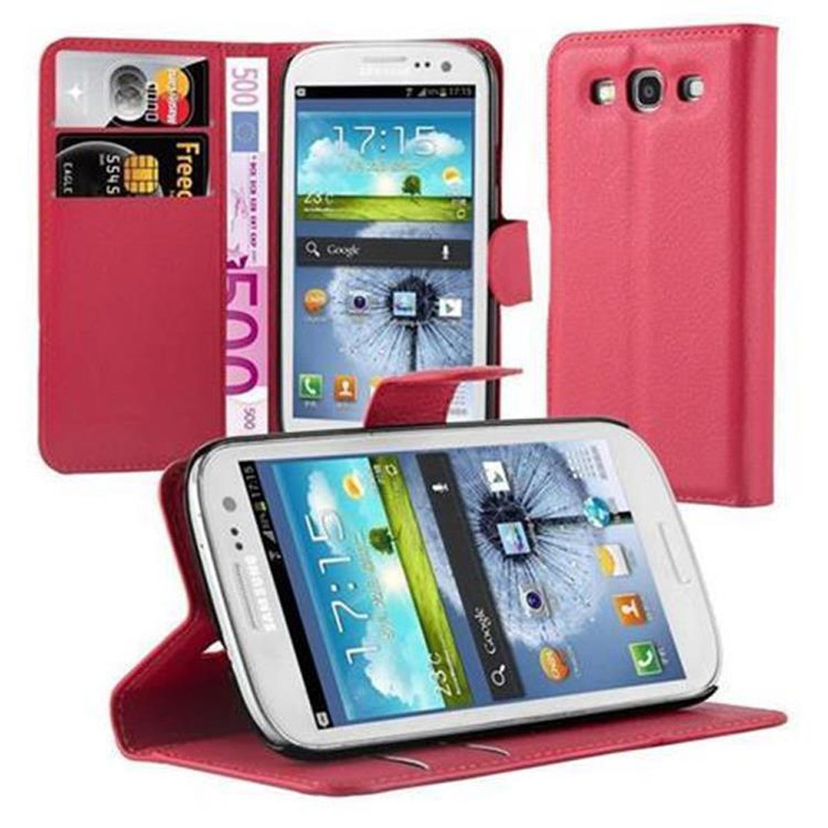 Telefon in roter Brieftaschenhülle, Apps zeigend. Hülle ist offen, hat Kartenfächer. Eine andere Hülle steht. Weißer Hintergrund.