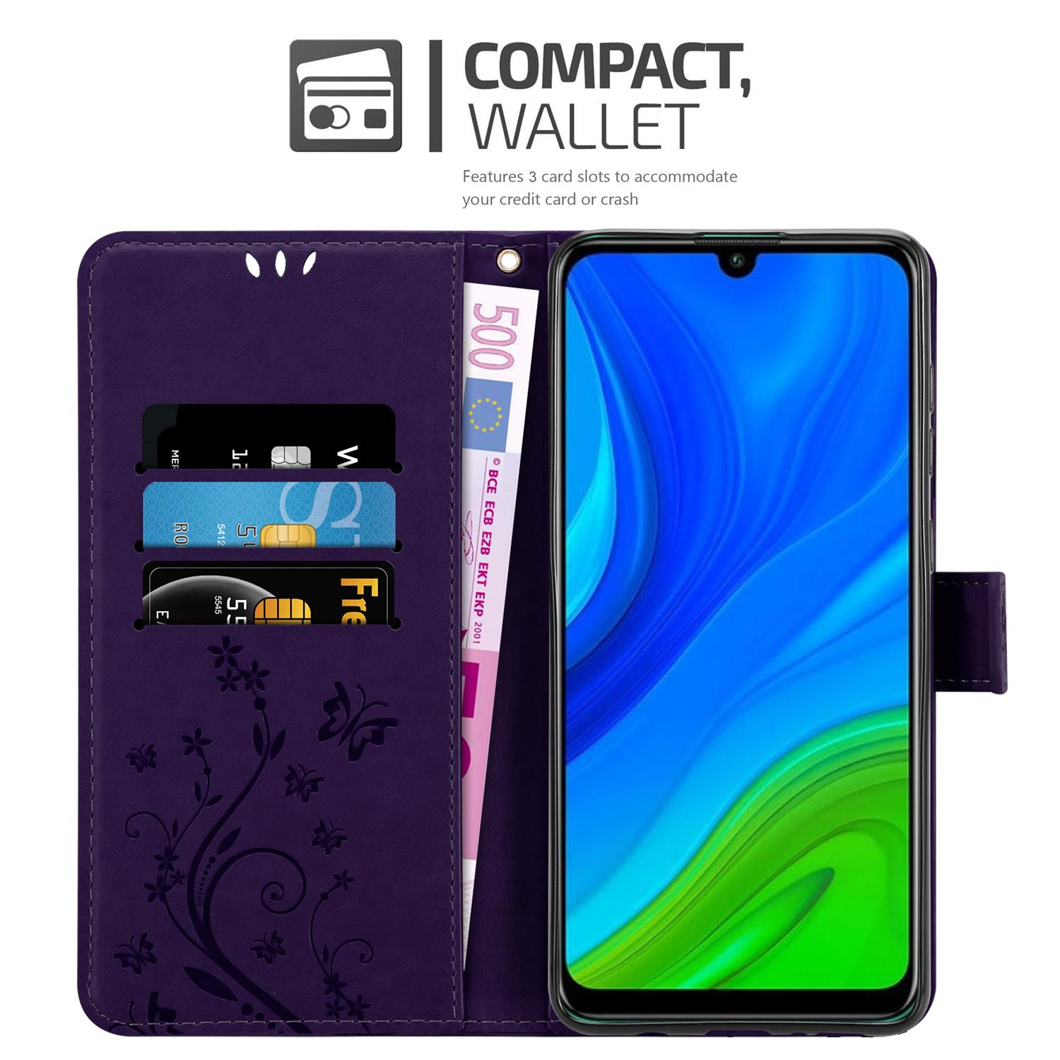 Custodia viola con motivo floreale. Tre slot per carte e una banconota. Smartphone all'interno. Testo portafoglio compatto.