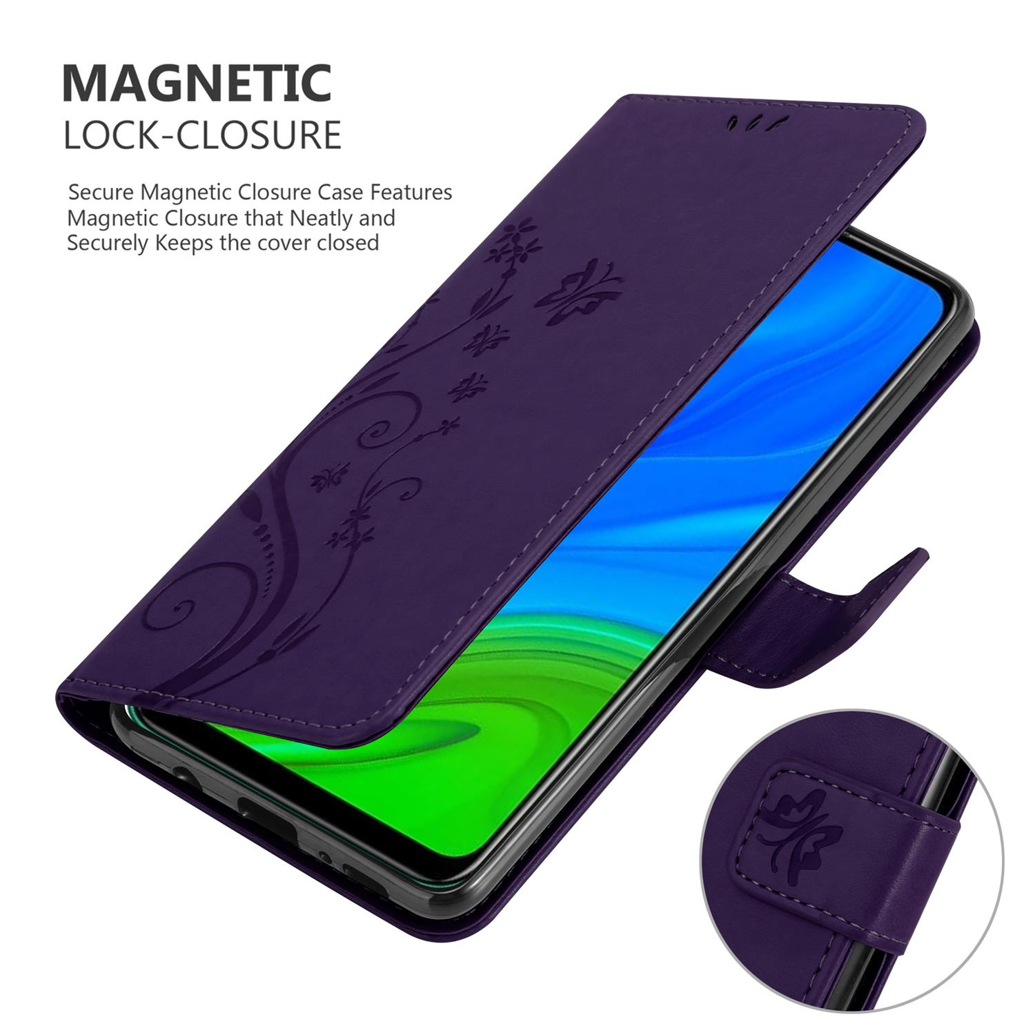 Una custodia per telefono viola con un design floreale, con un telefono all'interno.