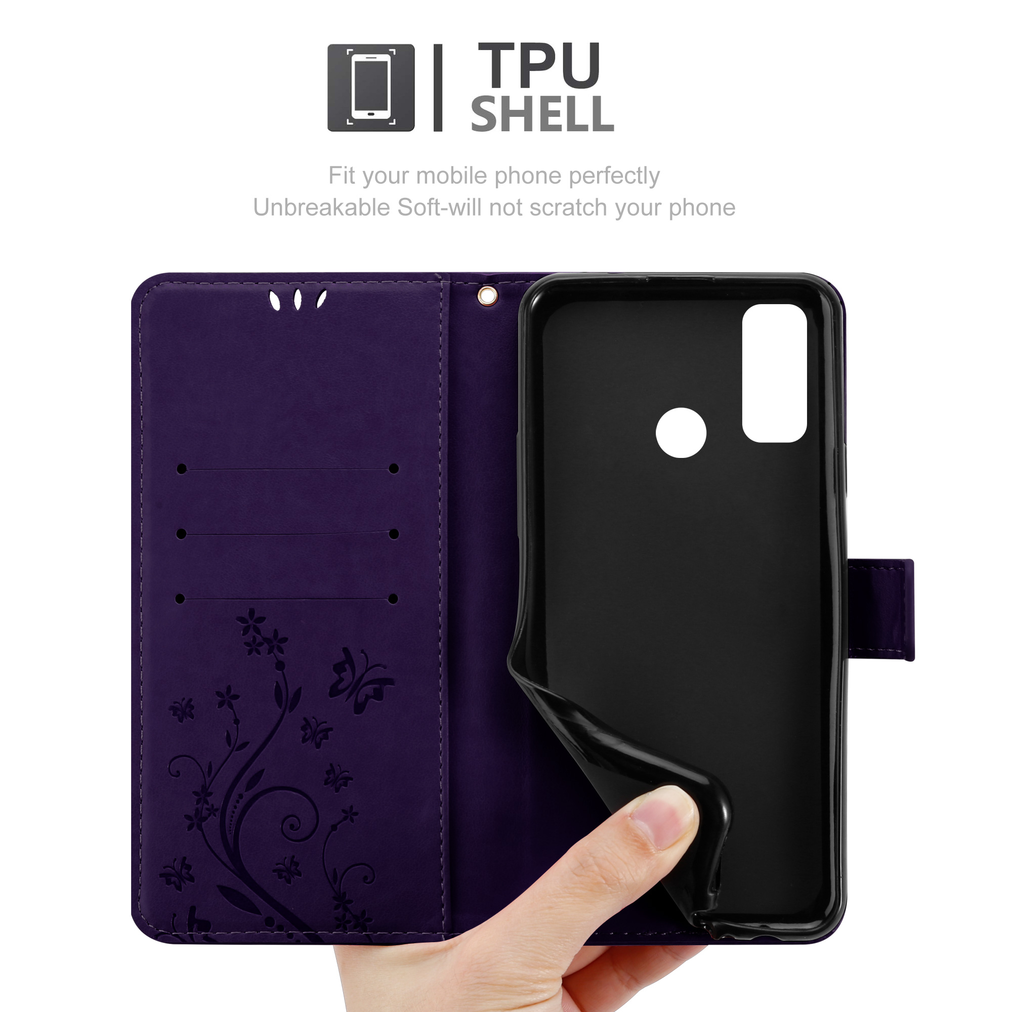 Un telefono con una custodia nera è mostrato aperto. La custodia ha un interno viola con un design floreale.
