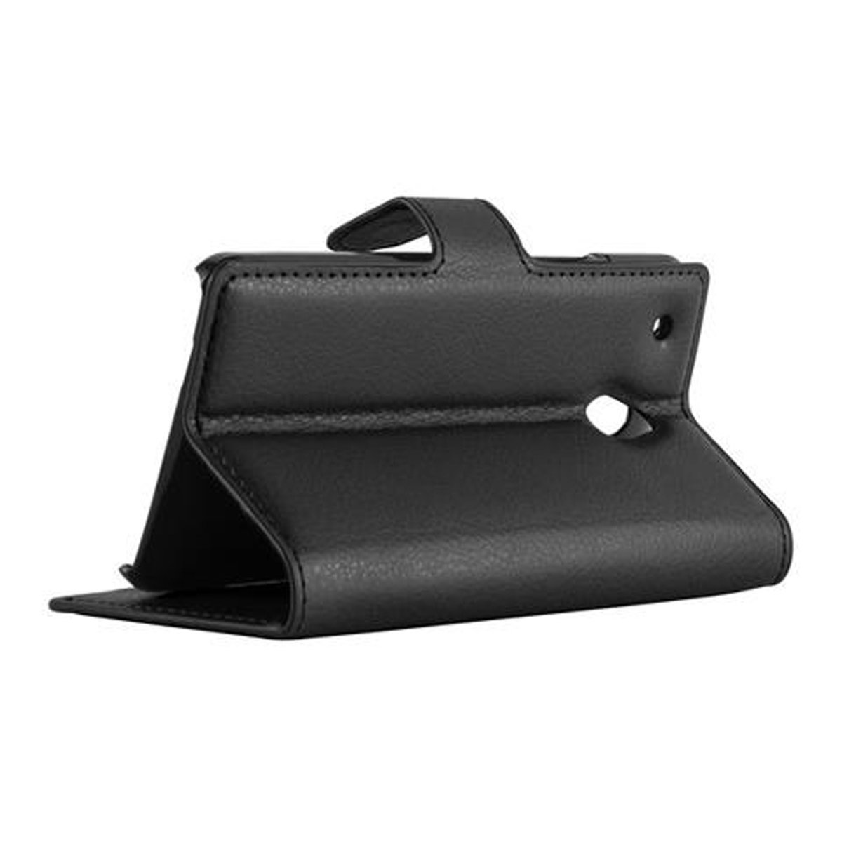 Schwarze Tablettasche, offen und angewinkelt, zeigt die Innenseite, auf weißem Grund.