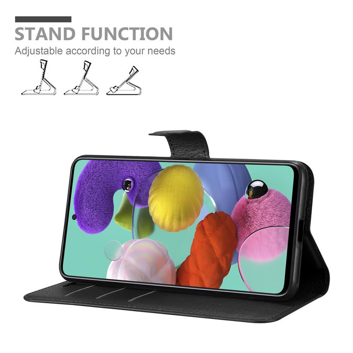 Schwarze Handyhülle offen, mit einem Telefonbildschirm, der abstrakte Formen anzeigt, und einer Ständerfunktion.