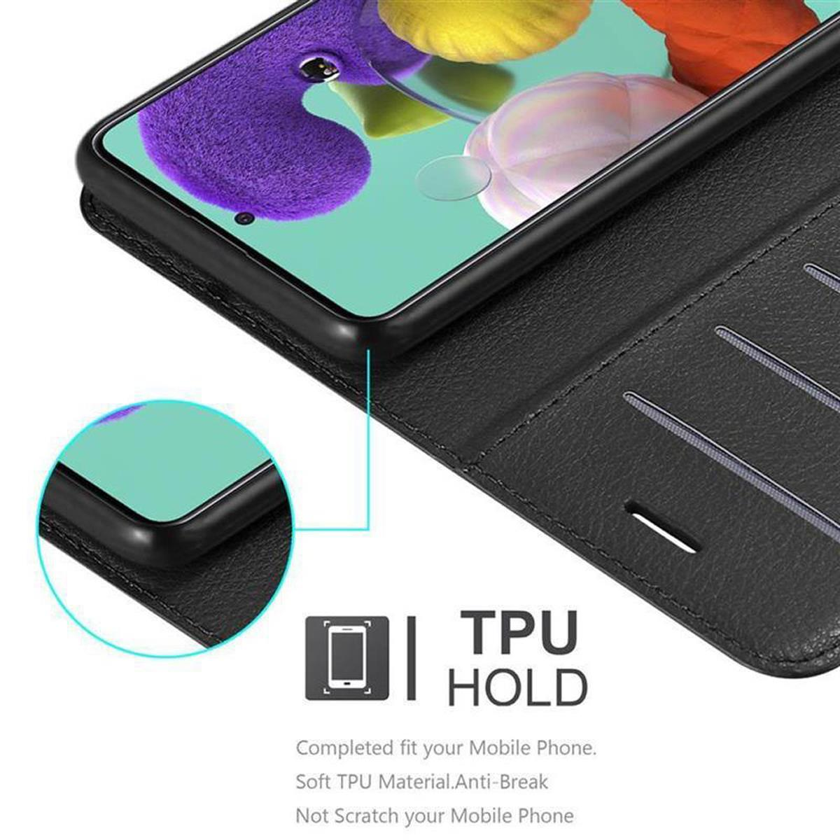 Schwarze Handyhülle, geöffnet, zeigt ein Telefon im Inneren. Text: 'TPU HOLD', 'Perfekte Passform'.