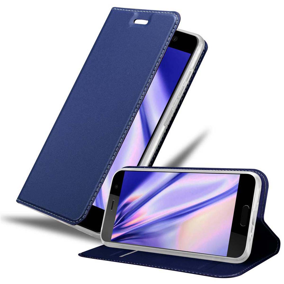 Custodia blu per telefono con coperchio aperto. Smartphone dentro la custodia e sulla custodia aperta.