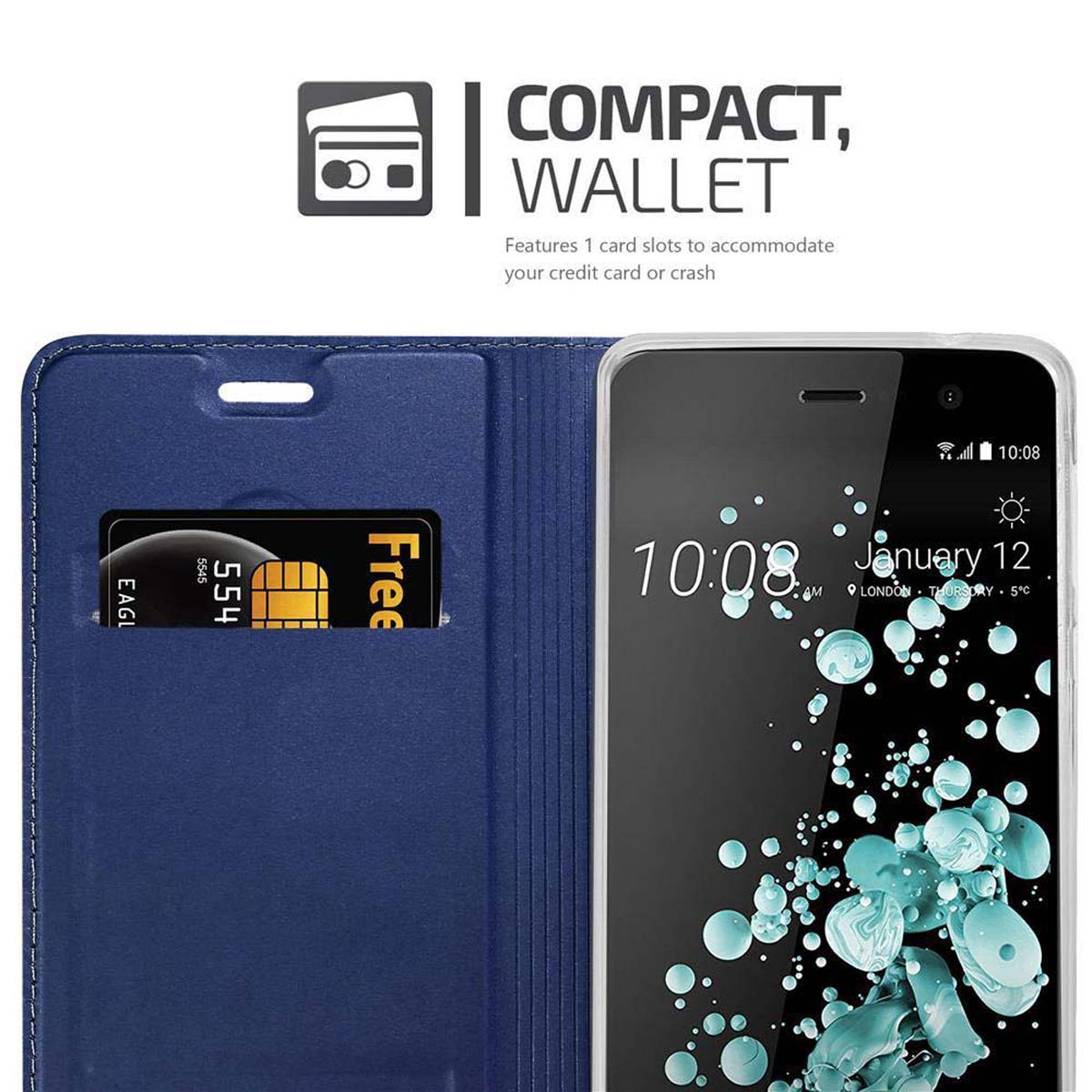 Custodia per telefono blu con carta di credito. Lo schermo del telefono mostra l'ora. Sfondo blu visibile.