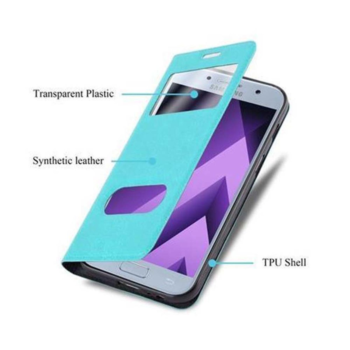 Custodia aperta, mostra un telefono con schermo. La custodia è blu e ha una finestra in plastica trasparente.