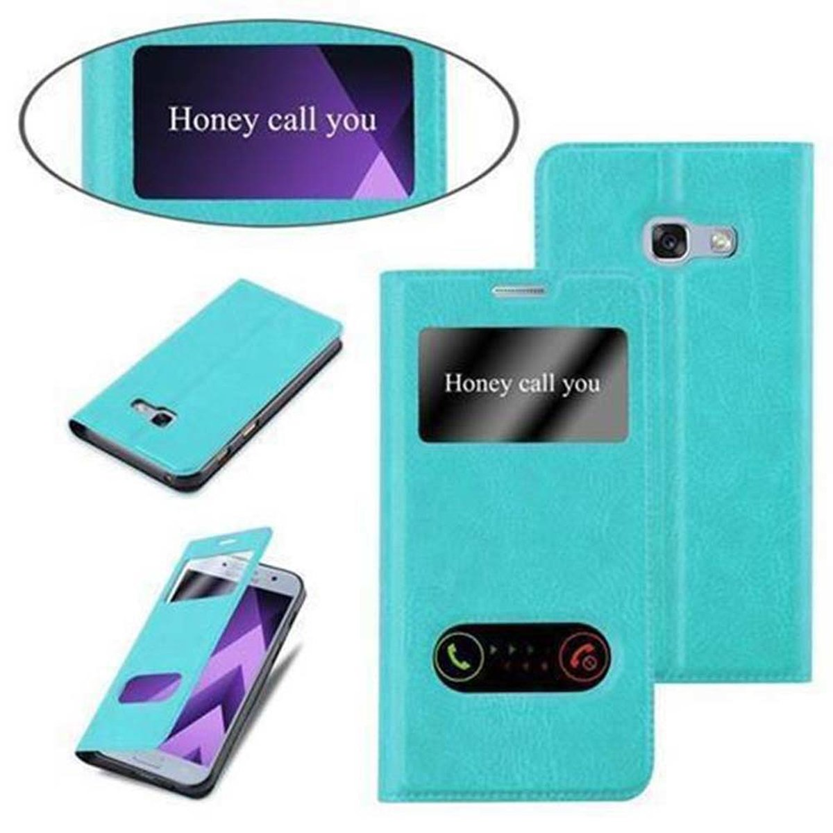 Custodia per telefono con un telefono all'interno, con le parole 'Honey call you' sullo schermo.
