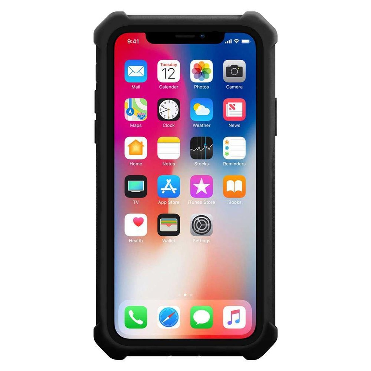 Smartphone in una custodia nera, che mostra la schermata iniziale con le icone delle app.