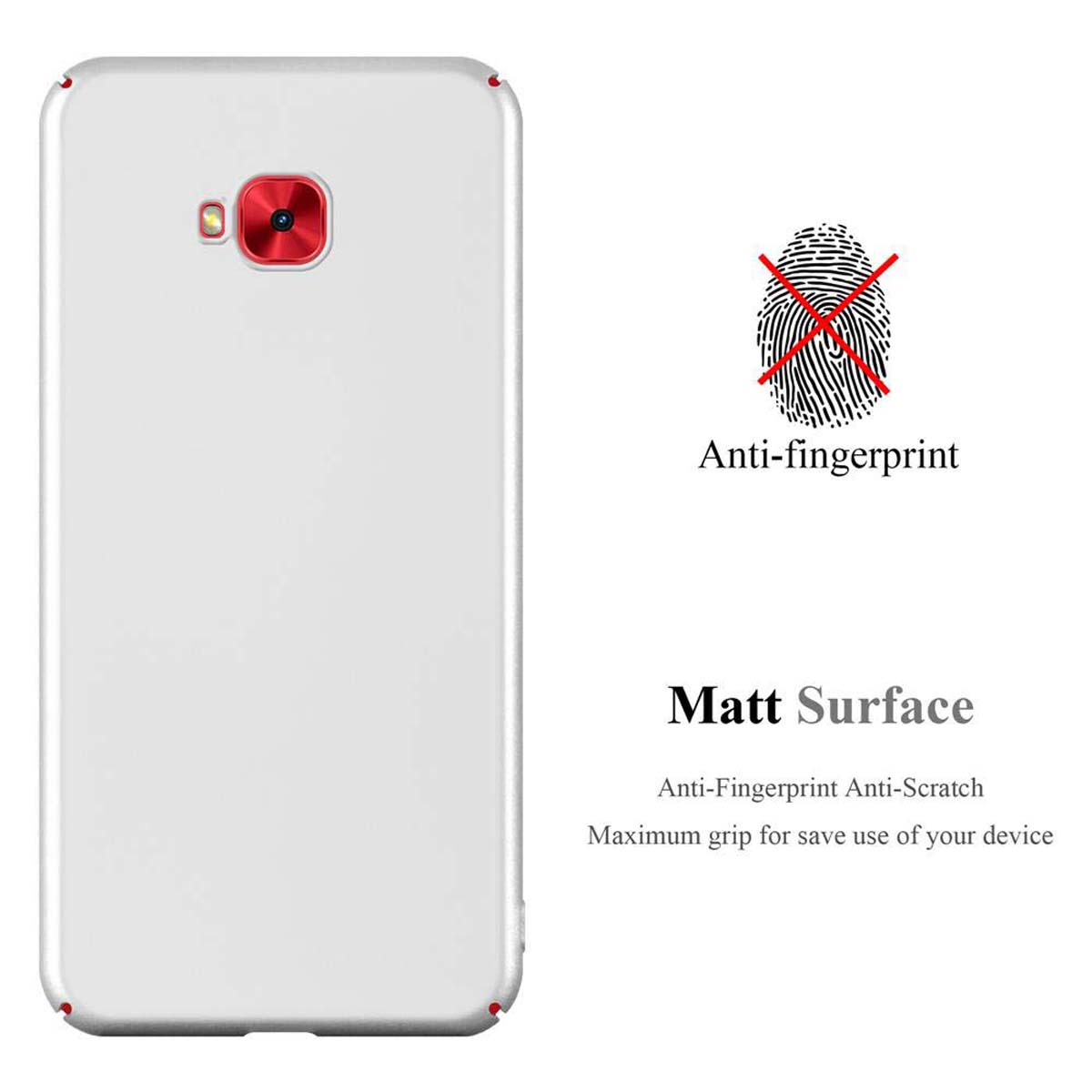 Custodia bianca per telefono con anello della fotocamera rosso e testo anti-impronte.