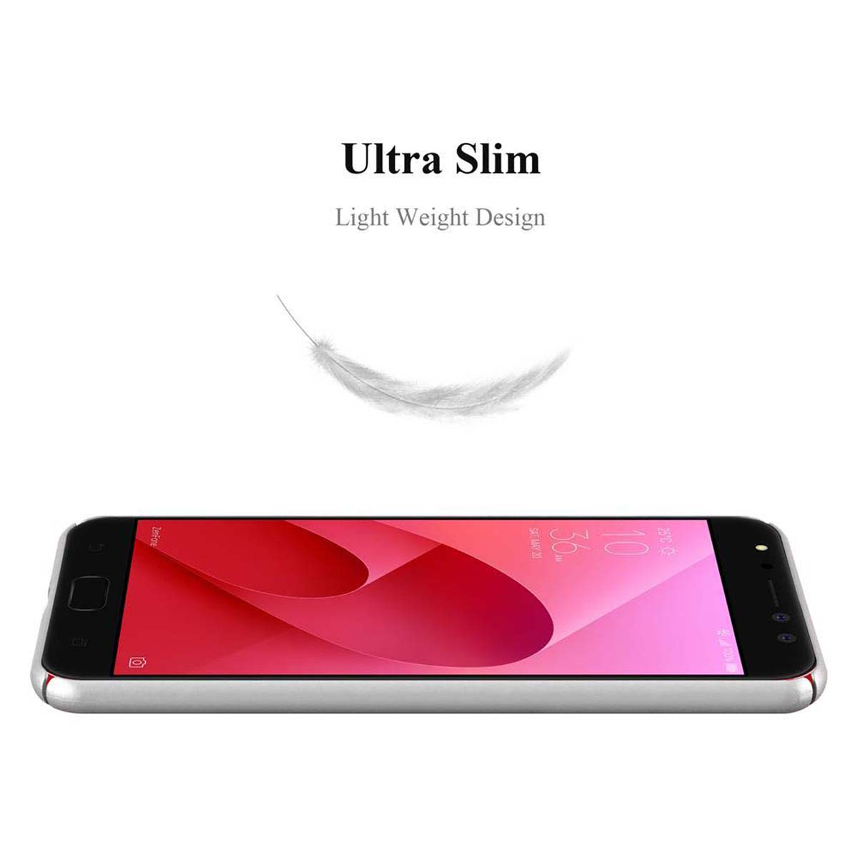 Telefono in custodia, grafica piuma, testo: Ultra Slim, Light Weight Design.