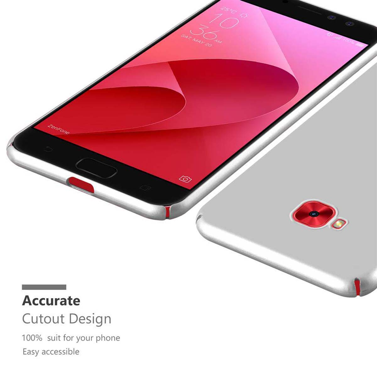 Telefono bianco e argento, con una fotocamera rossa, su una superficie bianca.