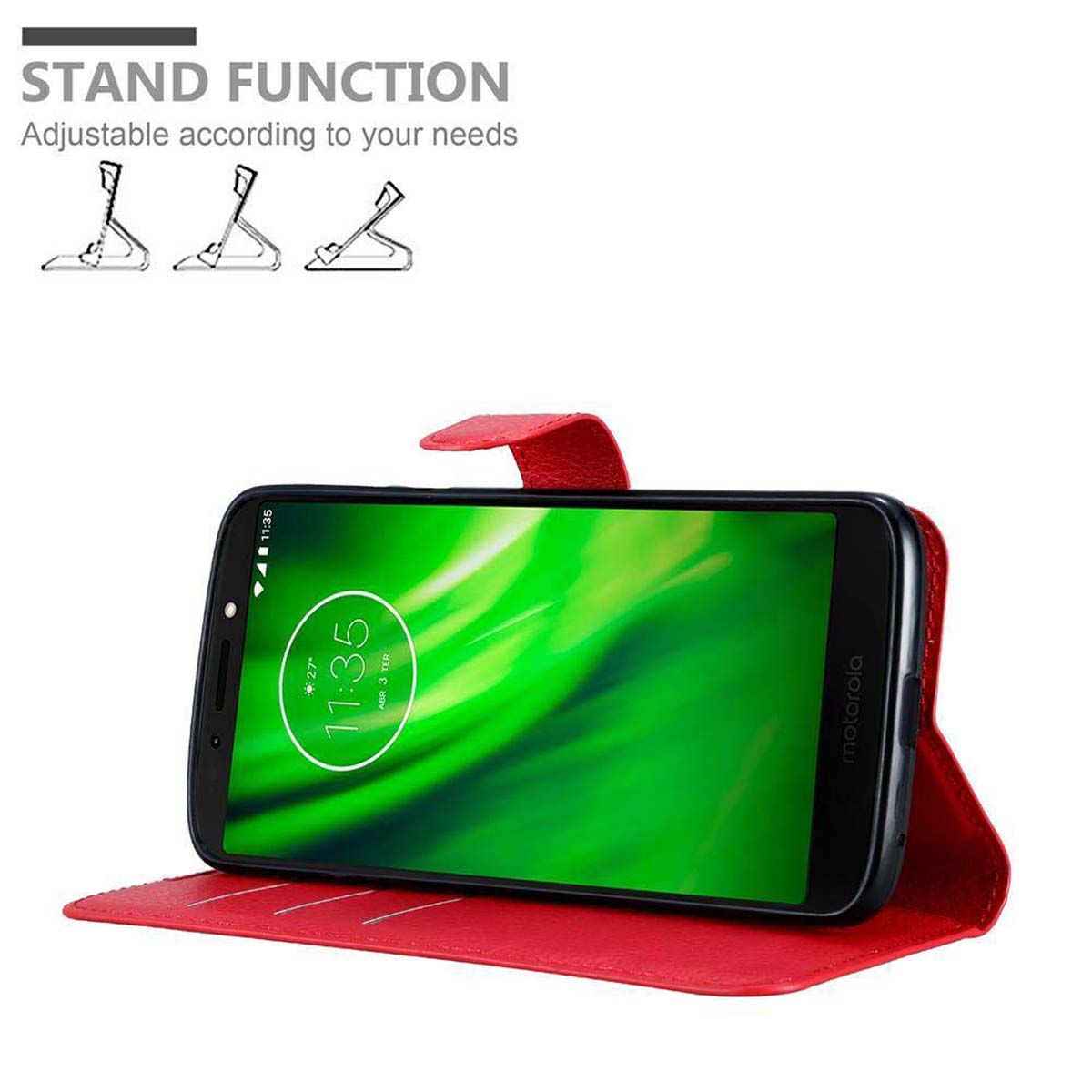Un telefono in una custodia rossa, con la funzione stand visibile. Il telefono visualizza l'ora e uno sfondo verde.