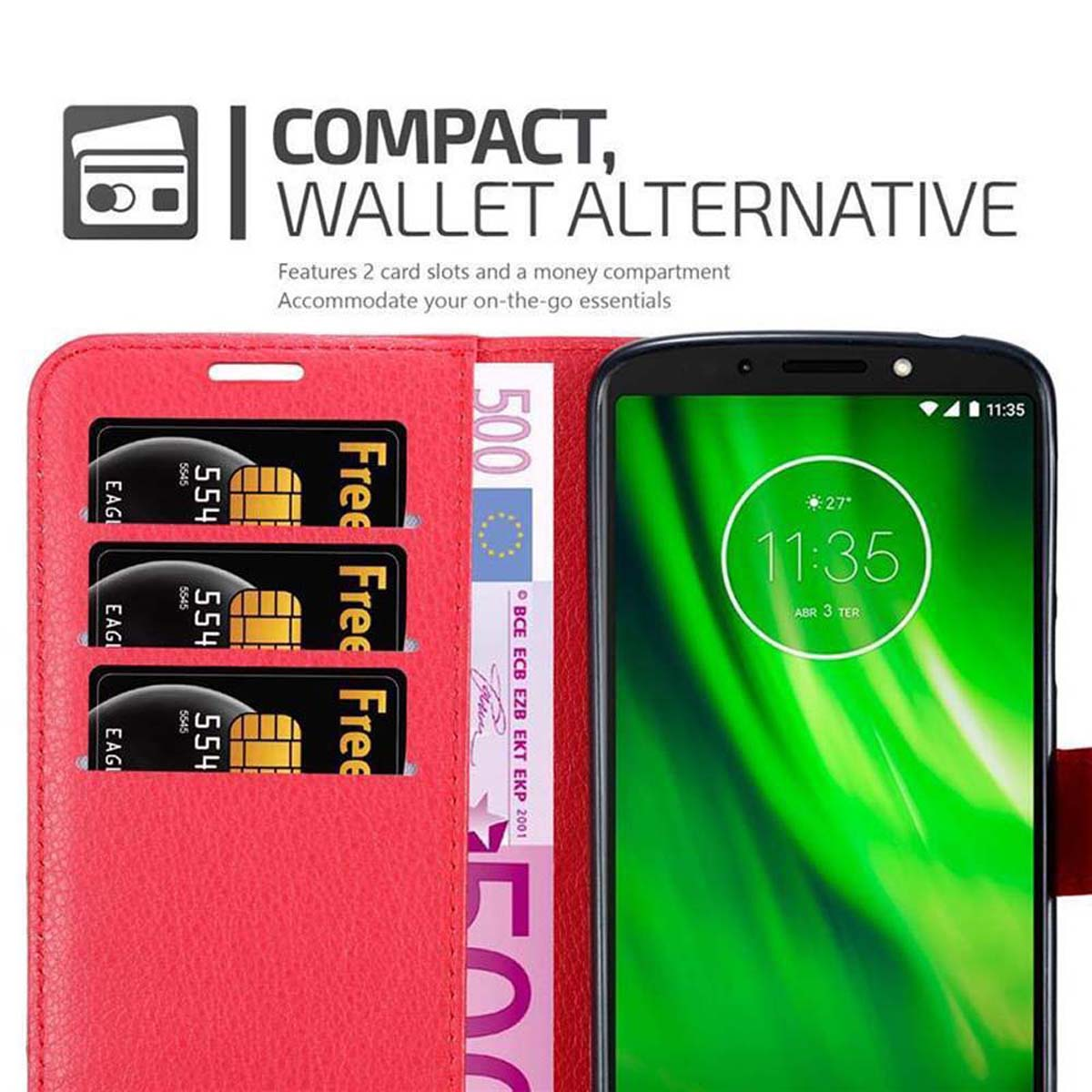 Una custodia per telefono con più slot per schede e uno scomparto per denaro. Lo schermo del telefono è visibile.