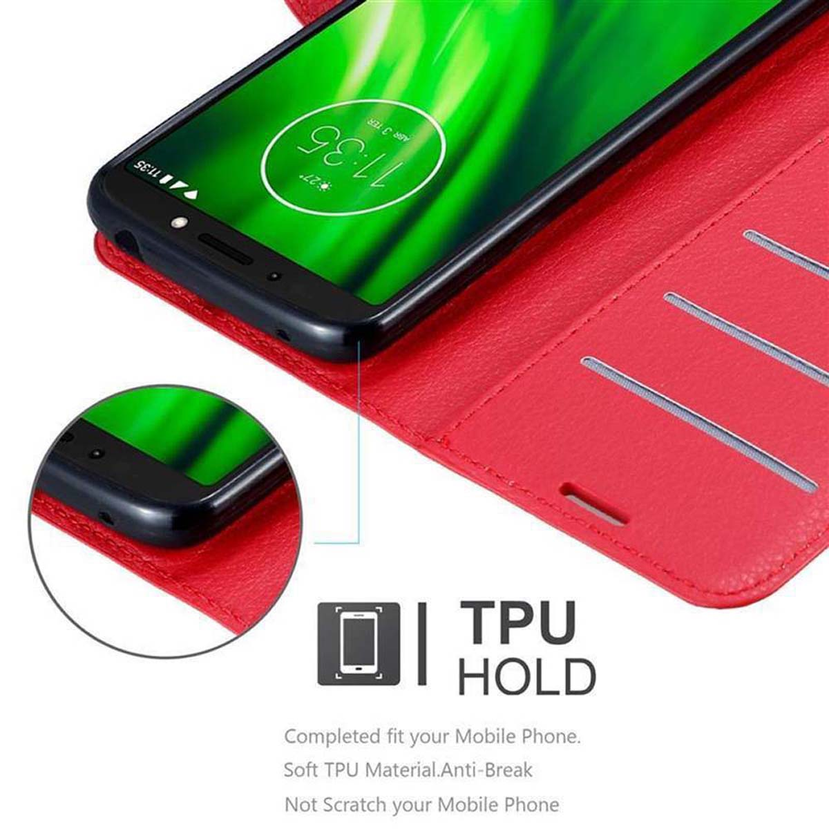 Un telefono in una custodia rossa che mostra l'ora sullo schermo. C'è un'etichetta di supporto in TPU.