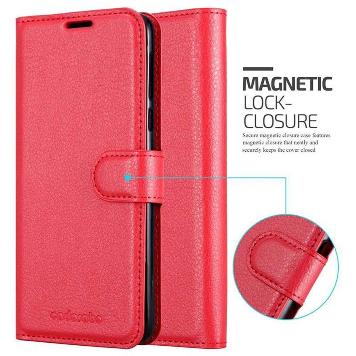 Custodia per telefono rossa, chiusa, con chiusura magnetica. Custodia aperta che mostra l'interno e la fotocamera del telefono.