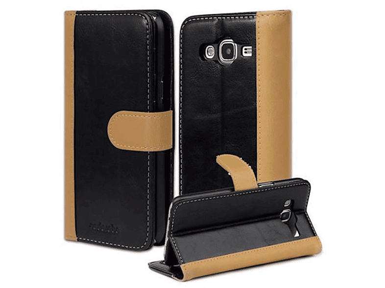 2015, SCHWARZ J5 CADORABO Design, Samsung, Bookcover, Galaxy Hülle im KHAKI zweifarbigen