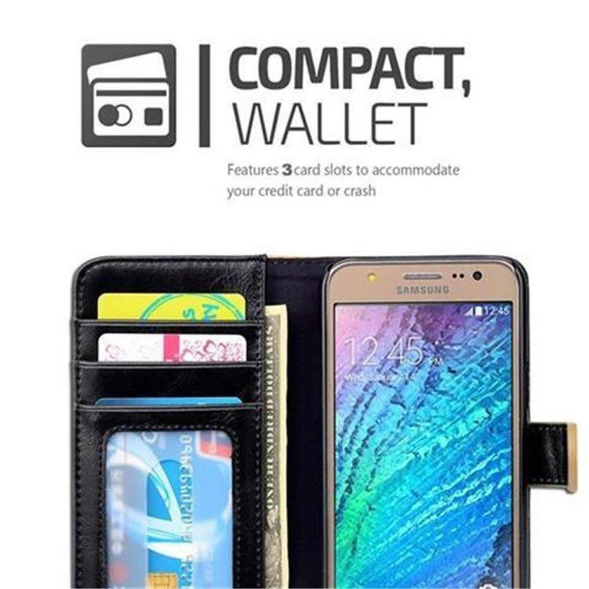 Samsung, Galaxy Hülle J5 Design, 2015, KHAKI im SCHWARZ CADORABO zweifarbigen Bookcover,