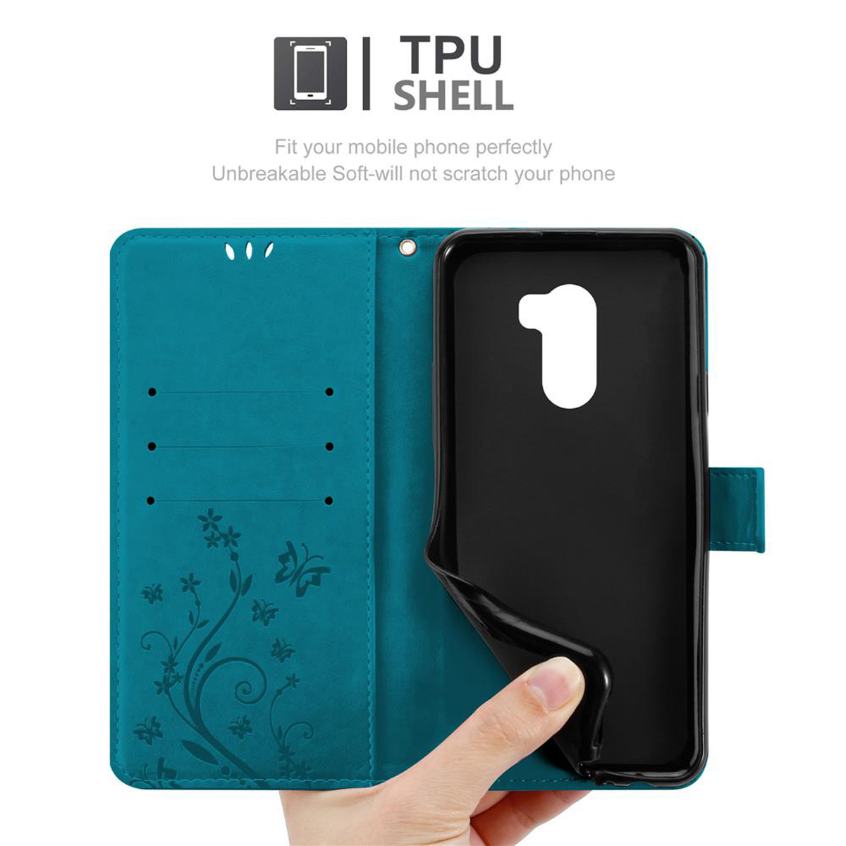 Custodia per telefono turchese con design floreale, aperta per rivelare una custodia nera. Una mano tiene la custodia.