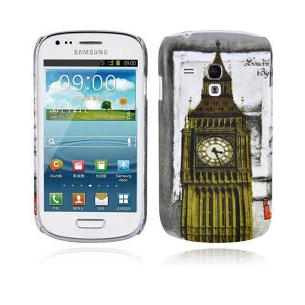 Weißes Telefon mit Hülle, weiß und grau, mit Big Ben-Bild. Telefon zeigt die Uhrzeit 09:00.